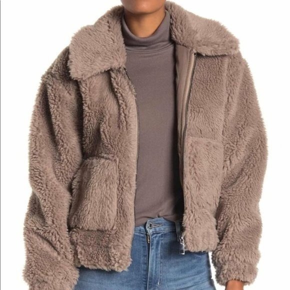 Avec Les Filles Jackets & Blazers - Avec Les Filles Womens L Brown Teddy Faux Sherpa Bomber Jacket Full Zip Pockets